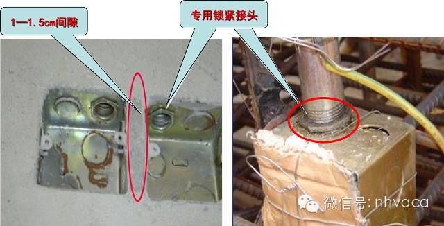jdg钢管,螺纹连接钢管,pvc管等进箱盒时应用专用锁紧接头;1)并排接线