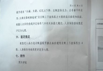 在這份司法鑑定意見書上,記者看到,被鑑定人高小龍人身保險傷殘程度