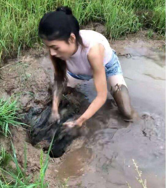 美女穿短裤下河抓鱼,两条腿瞬间布满泥巴,最终收获让她惊喜不已