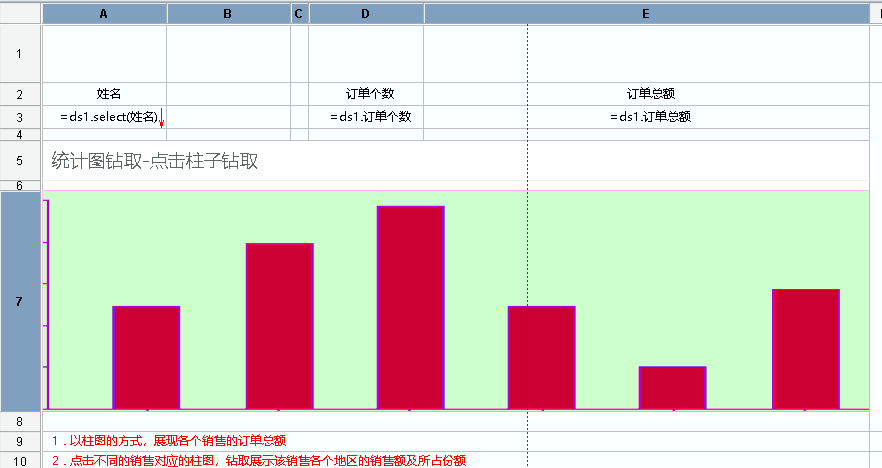 對應報表設計界面如下:首先,我們製作一張含有柱形圖的網格式報表作為