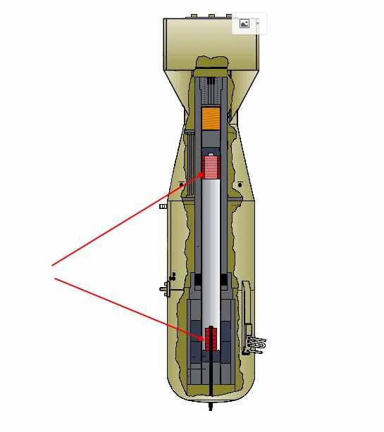 这是典型的枪式原子弹, 红色为两块铀