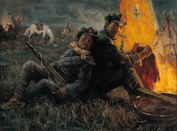 油画《草地夜宿》孙滋溪作品 1979年《草地夜宿》通过一个红军小鬼靠