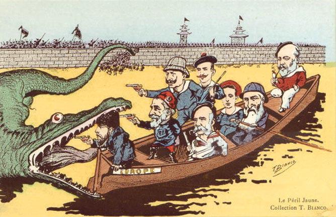 漫画《黄祸》,约1910年,左侧张开大口的龙,代表着被西方丑化的中国,名