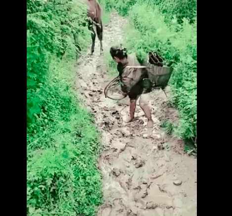 手拉馬匹,赤腳踩泥地, 看著讓人心疼!