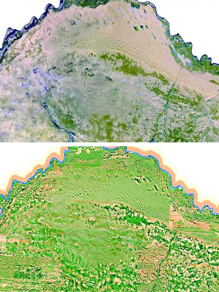 2000年和2016年庫布其沙漠衛星遙感圖,植被面積顯著增加2018年正值庫