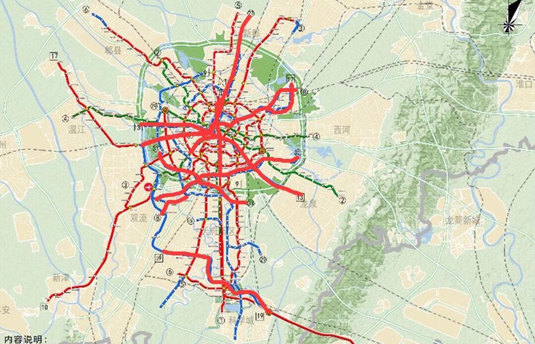 下图为成都轨道交通十三五规划图 别急,再看下图 加红加粗的线路就是