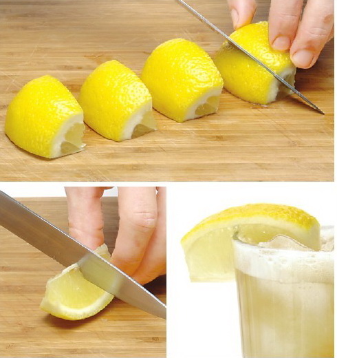 上一刀使其容易插在酒杯上;1,先去两头,再切成四等份;一,柠檬片的切法
