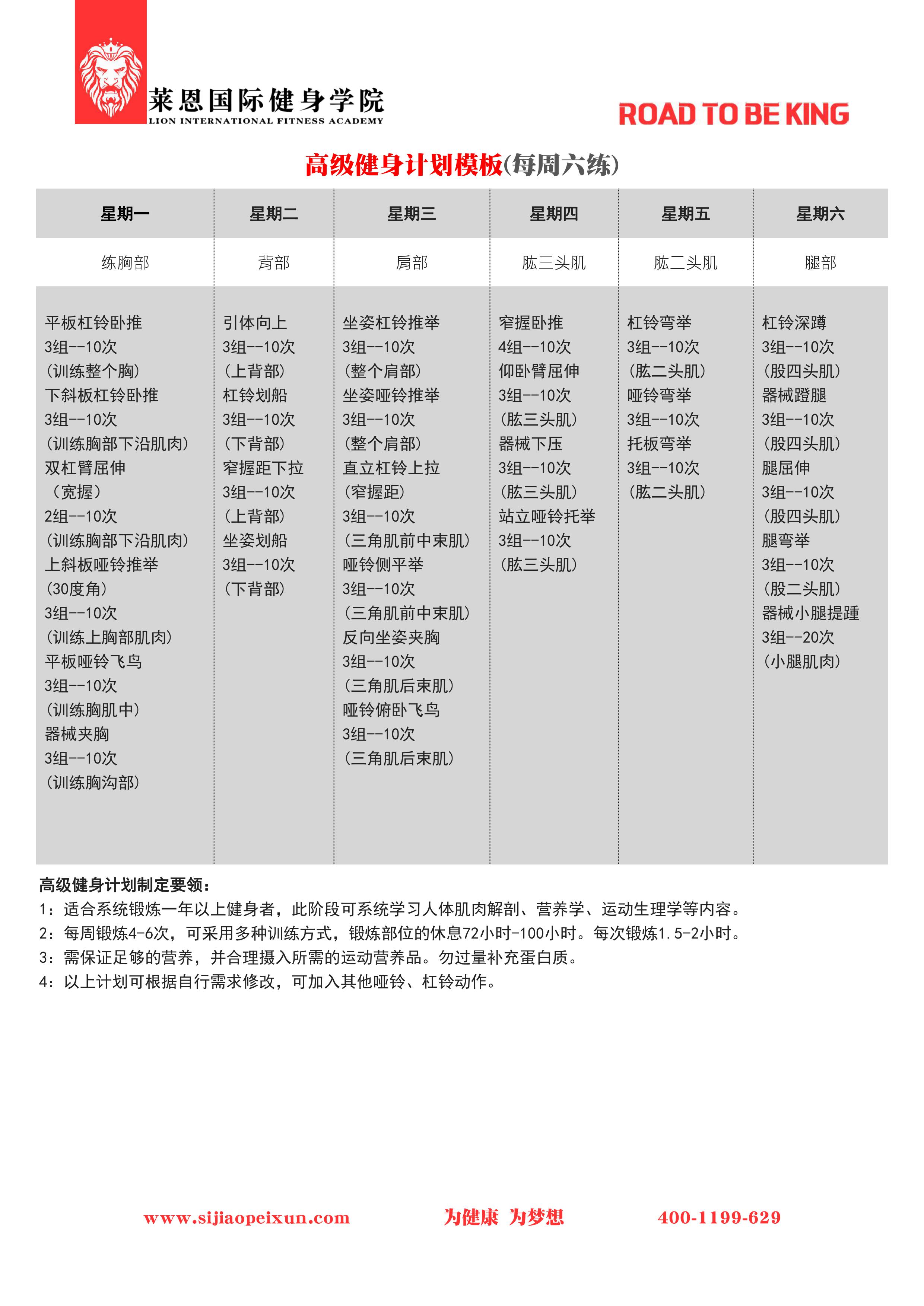 適合廣大健身愛好者的高級健身計劃模板(每週六練)