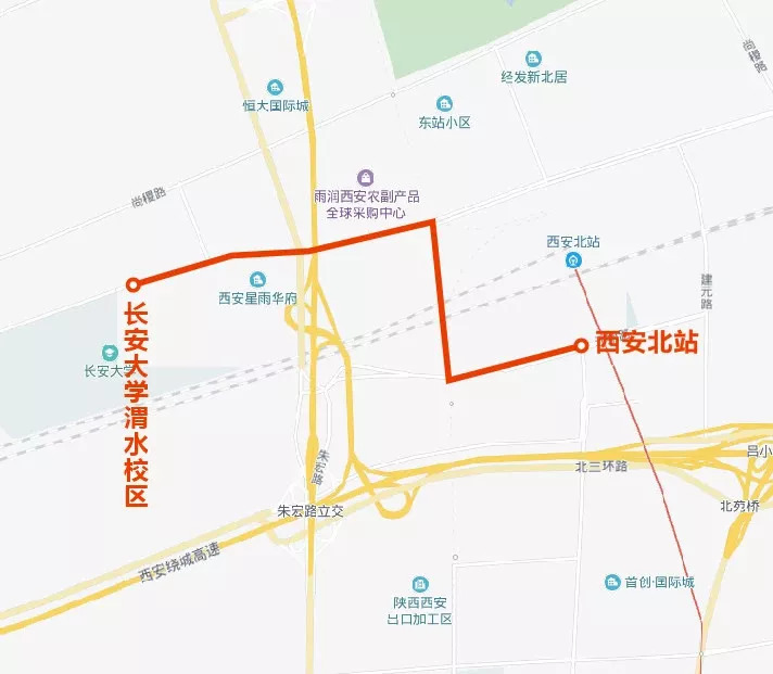 線路走向:西安北站—長安大學渭水校區,全線沿362路線路運行途經大學