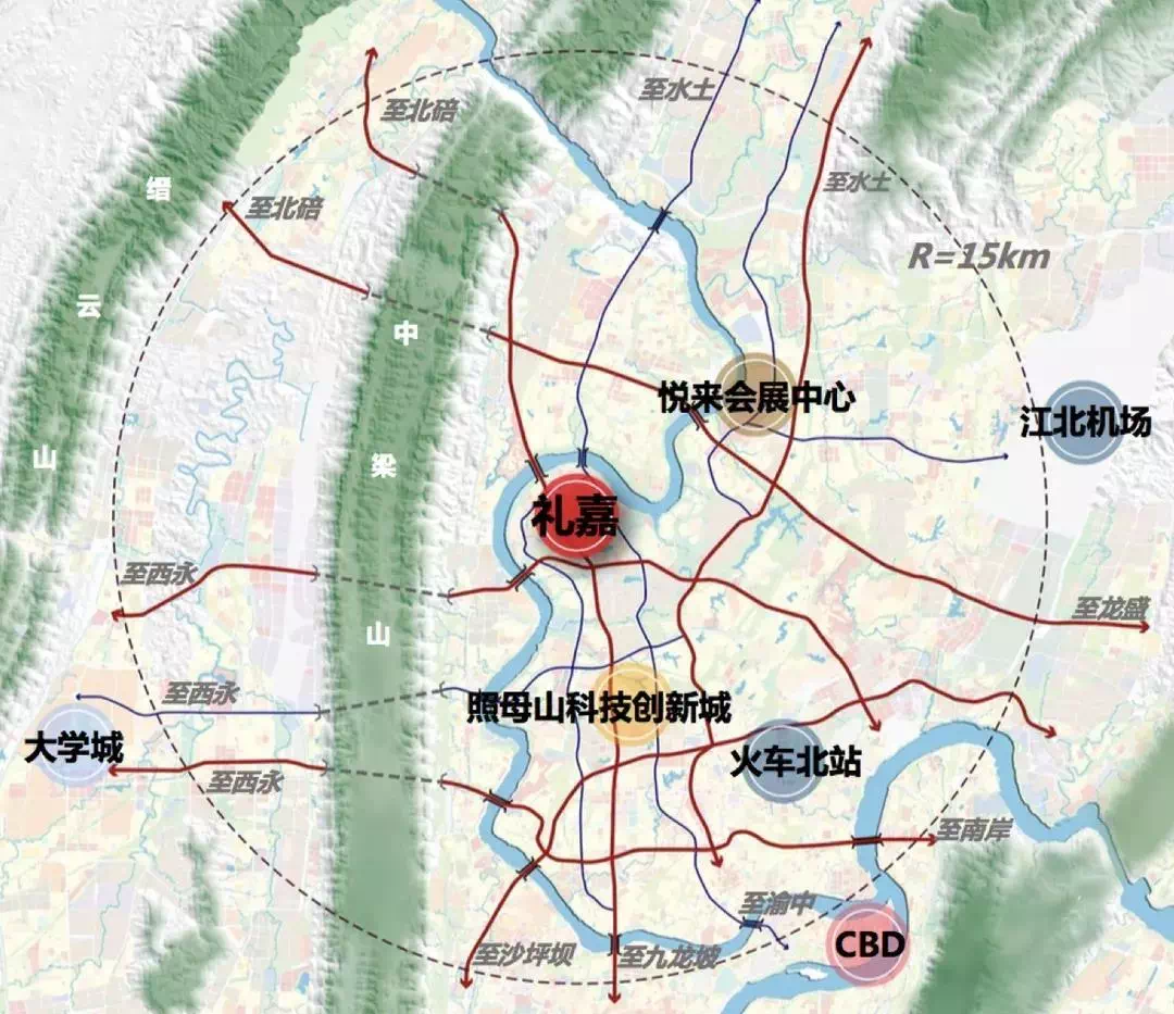 距離江北國際機場25公里,火車北站15公里,重慶大學城18公里