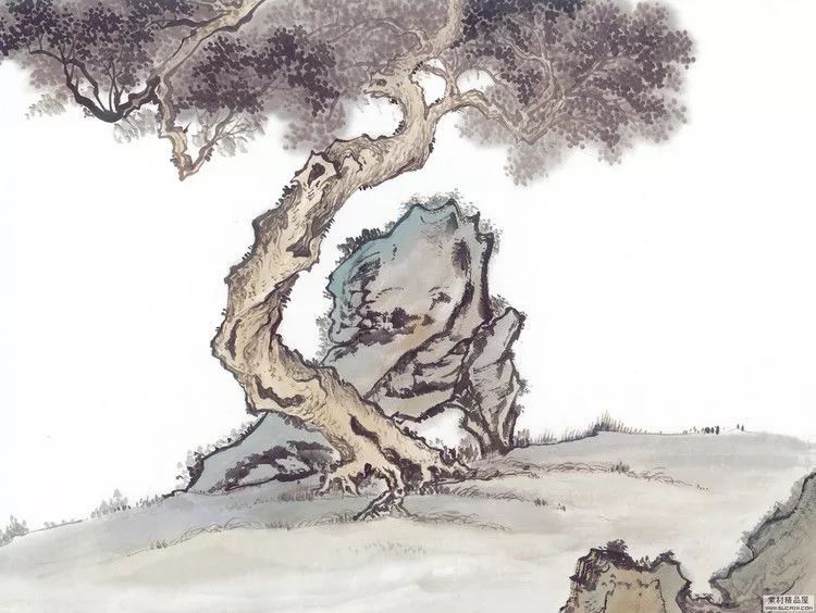 国画水墨画临摹素材树与奇石
