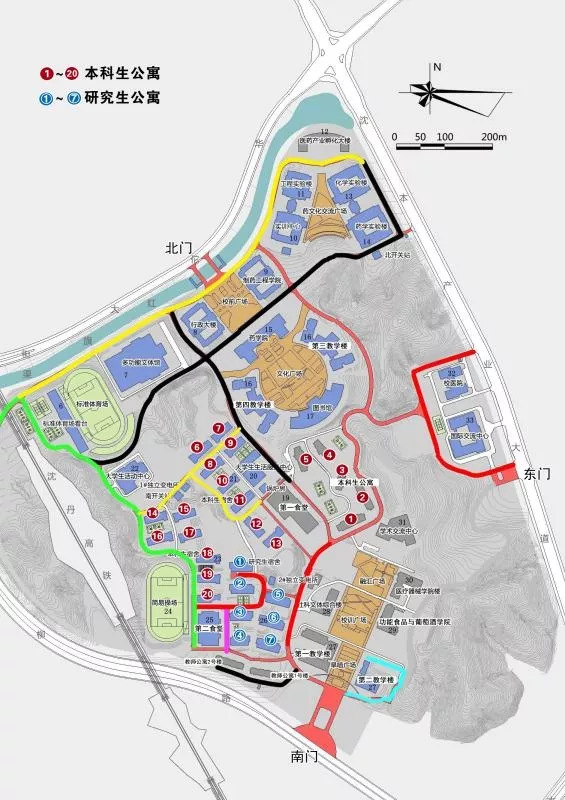 南校区校园路线较复杂,为大家送上校园地图,蓝色标记的①