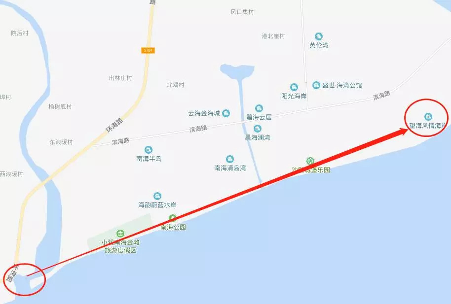 在南海新區,西到西浪暖大橋下以至乳山銀灘的海域範圍,東到卓達海洋