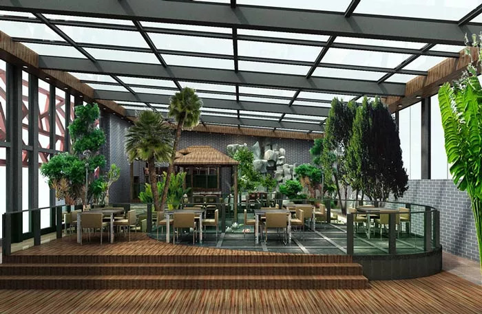 3,异形温室型生态餐厅绿色生态餐厅中厅采用大型钢结构形式,跨度大