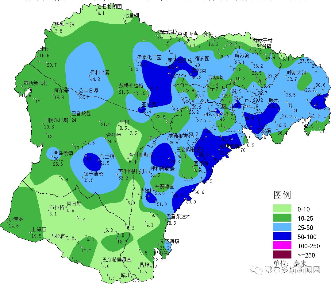 雨量在50毫米以上,主要分佈在杭錦旗東部,達拉特旗西部,鄂托克旗中部