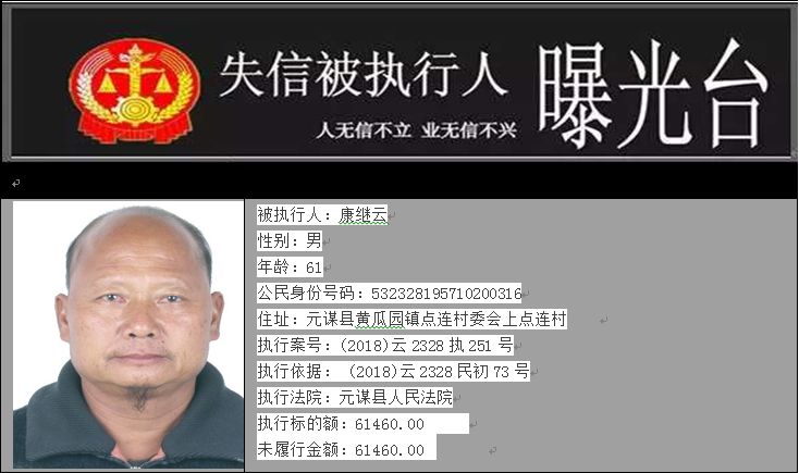 元谋大姚一批失信被执行人被法院曝光谨慎交往