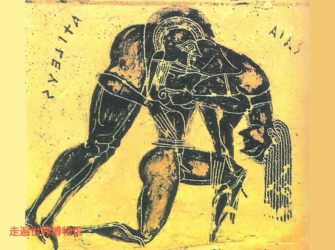 (《忒拉蒙肩扛阿喀琉斯尸体》,红绘)阿喀琉斯挣扎着爬起来,愤怒与仇恨