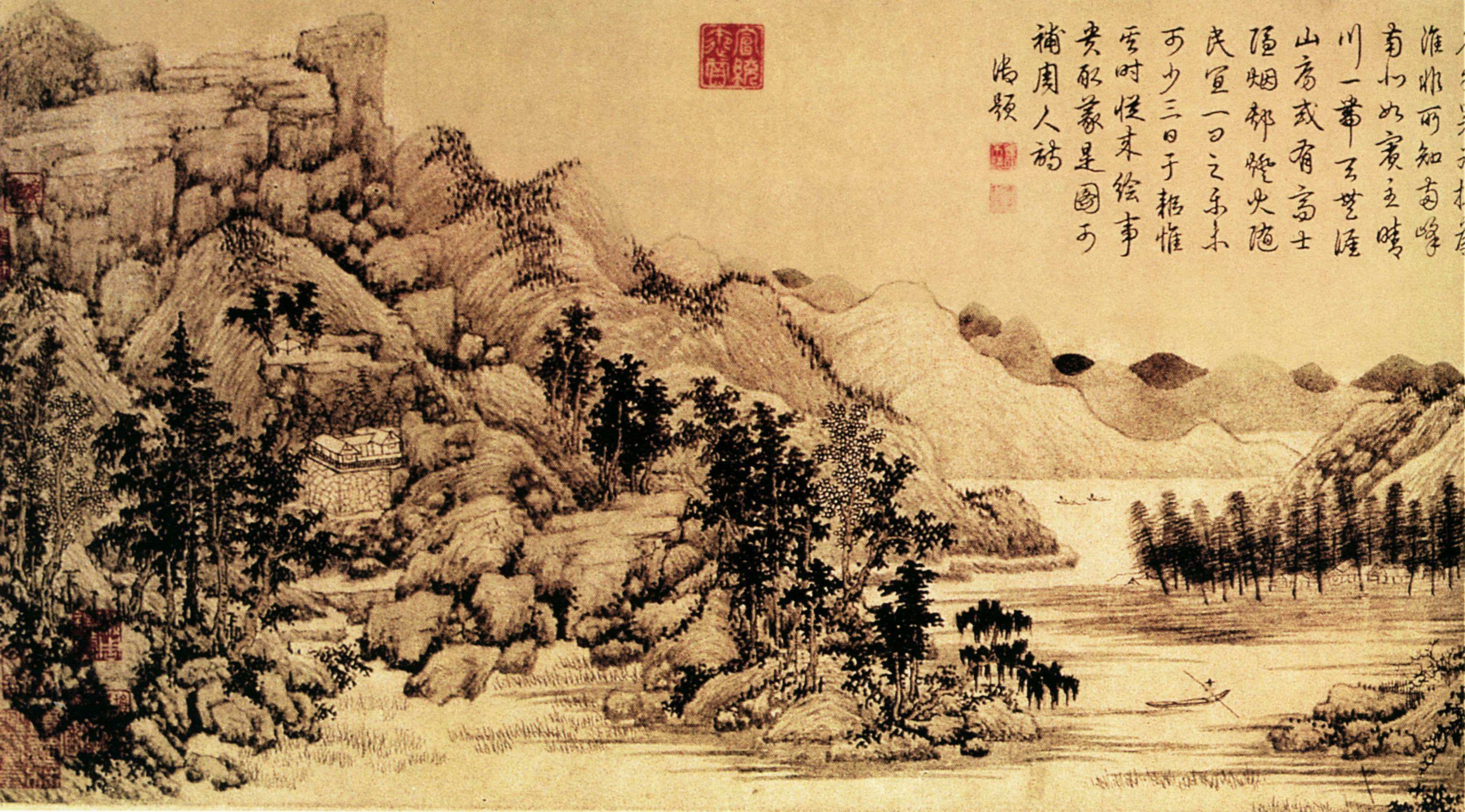 山水远师董源 巨然 米芾,近学 黄公望,笔墨清润,平远旷阔,取景