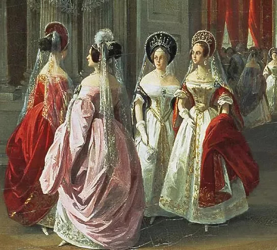 宫廷女官制服kokoshnik后来演变成俄国宫廷女装,是皇室贵族的流行饰物