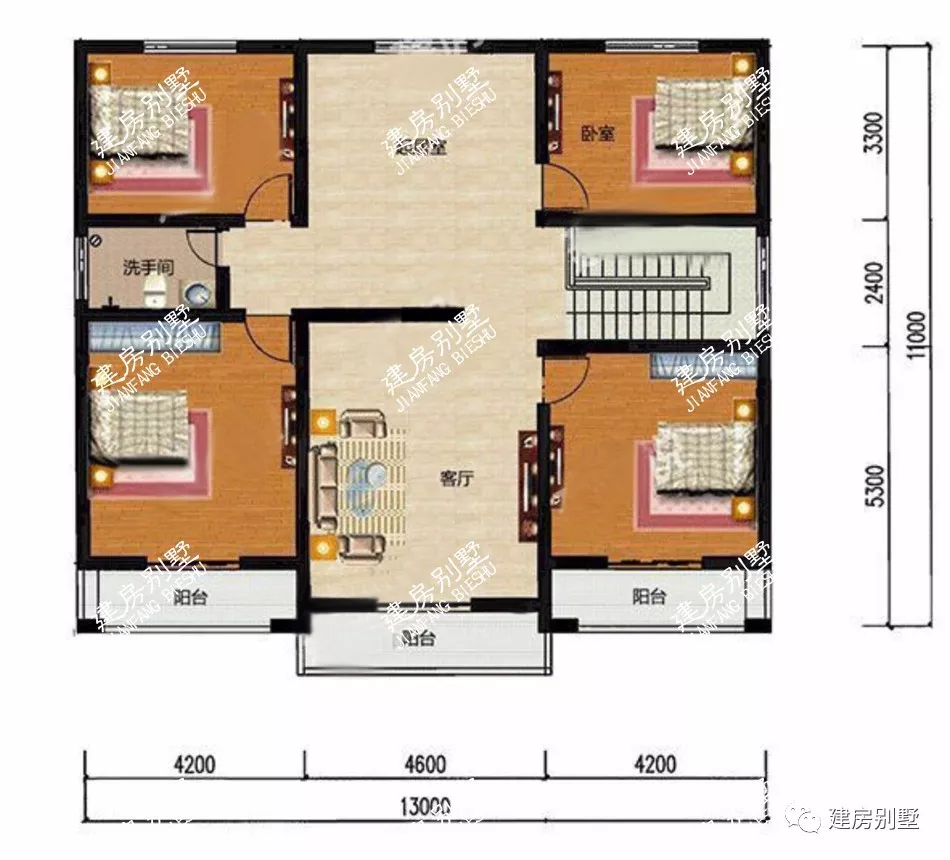 一層兩室兩廳一廚一衛,內設小臺階,直角樓梯設計;二層四室兩廳一衛,配