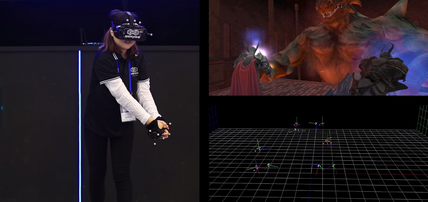 图片展示了一位佩戴虚拟现实头盔的人在体验VR游戏，下方是游戏内的视角显示，有虚拟角色和交互界面。
