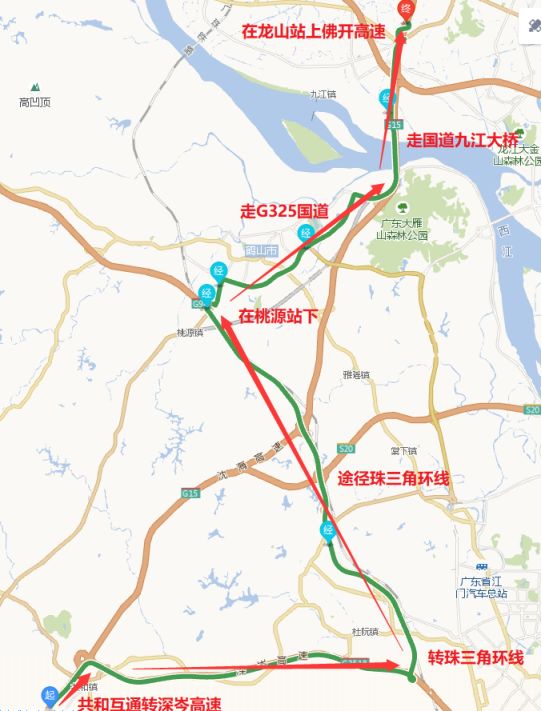 站下高速——g325國道九江大橋行駛——龍山收費站返回高速公路往廣州