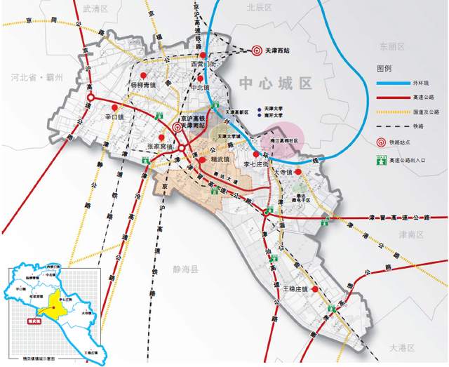 津晉高速,榮烏高速聯絡線,賽達大道,津淶公路,團泊大道等幹線,地鐵13