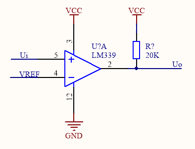 当输入电压ui小于vref时,uo输出为低(0v(图中比较器是单电源供电,若