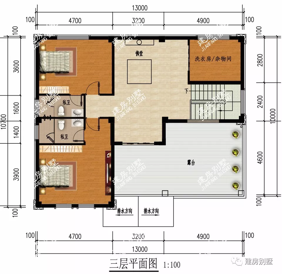 第三栋别墅户型配大落地窗的,门楼设计的也是很大气,13×11米.