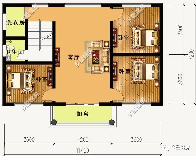 二層同樣式三間臥室,還有一個一個客廳與一間洗衣房和一間衛生間,客廳