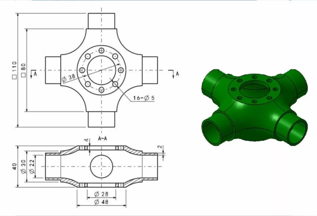 用solidworks曲面特徵畫的一個四通法蘭