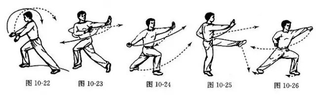 (5)左腿下落成左弓步;同时右掌变拳收至腰间,左拳从腰间向前冲出,目视