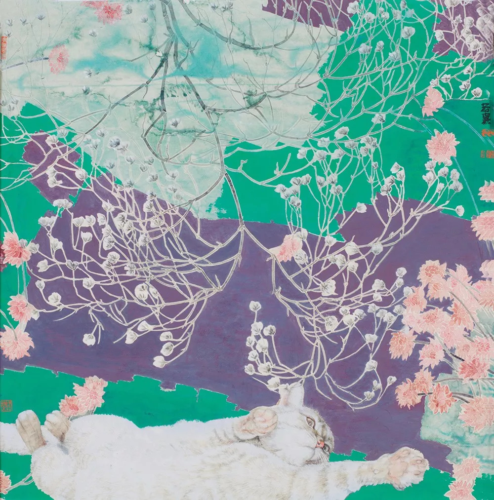 林若熹《弄春》70cm×70cm 纸本设色 2010年朱颂民《花荫》141cm