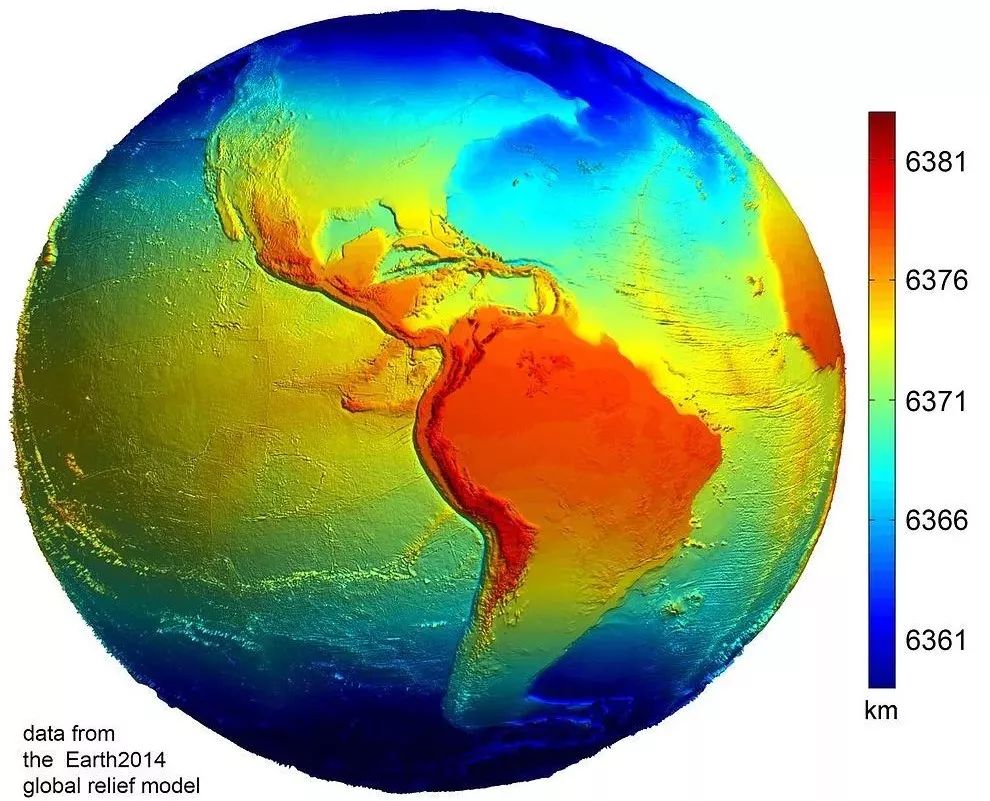 地球的表面,顏色代表地表距離地心的距離 | geodesy2000/wikimedia