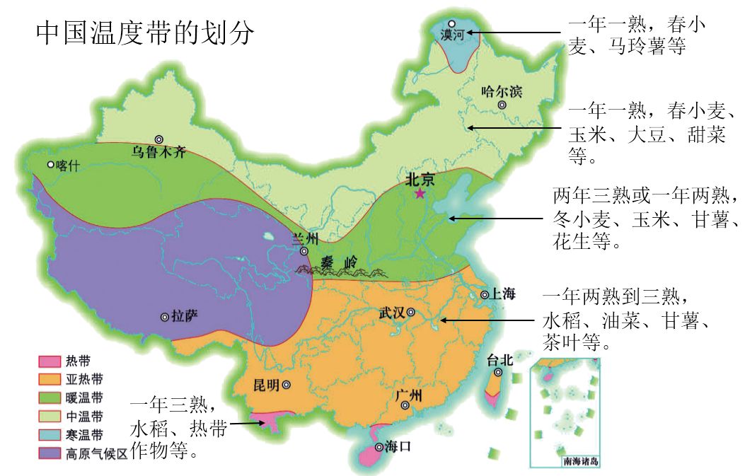 中国温度带划分及农作物熟制夏季全国普遍高温一月份0℃等温线位置