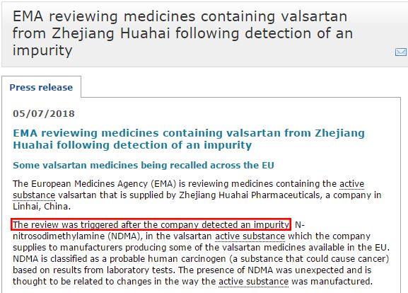 的纈沙坦原料藥檢出一未知雜質為含有基因毒性的亞硝基二甲胺(ndma)