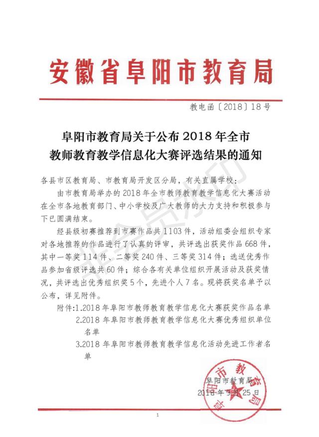 阜阳市教育局公布2018年全市教师教育教学信息化大赛评选结果