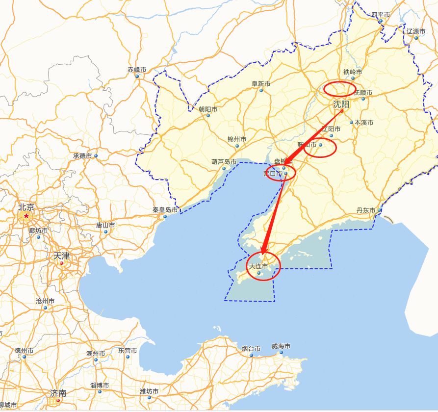 地图显示:1,红色圈处为辽宁疫情爆发地,分别为沈阳沈北新区,鞍山市