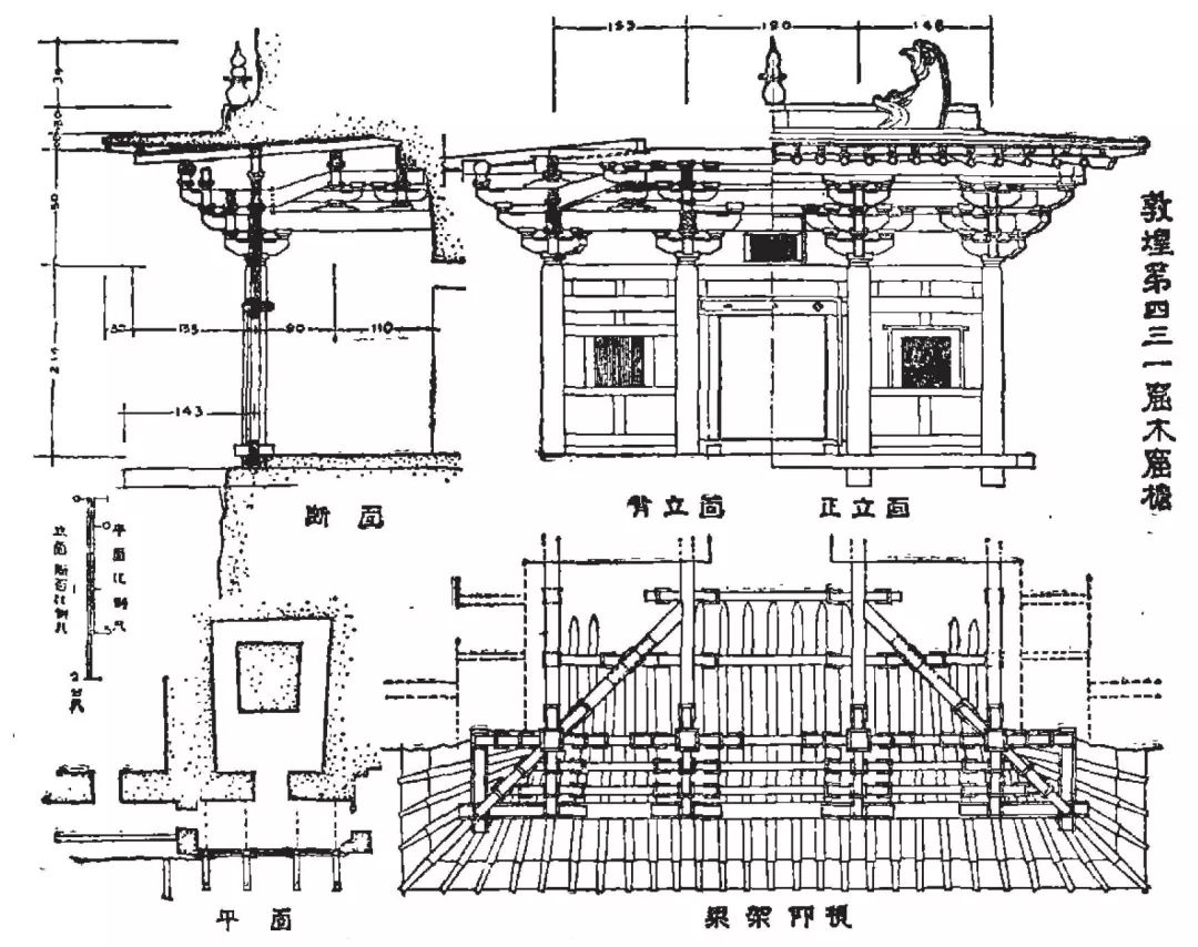 莫高窟第53窟窟前建筑复原图图12/敦煌文书所记窟檐复原图麦积山石窟