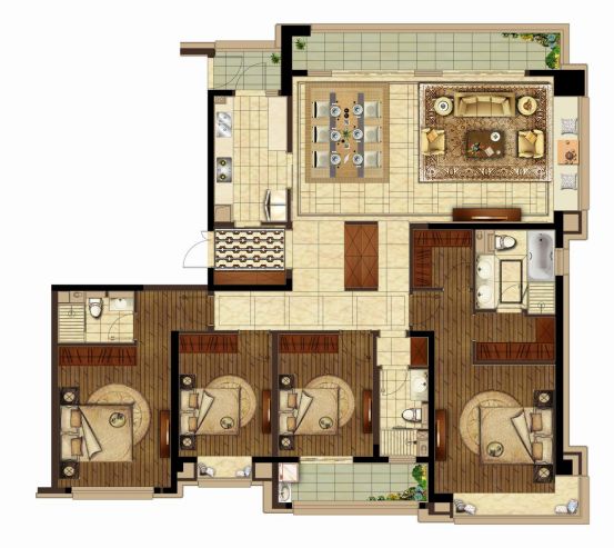 220㎡戶型為四房兩廳三衛,四房朝南,採光性良好;大橫廳,南北雙陽臺的