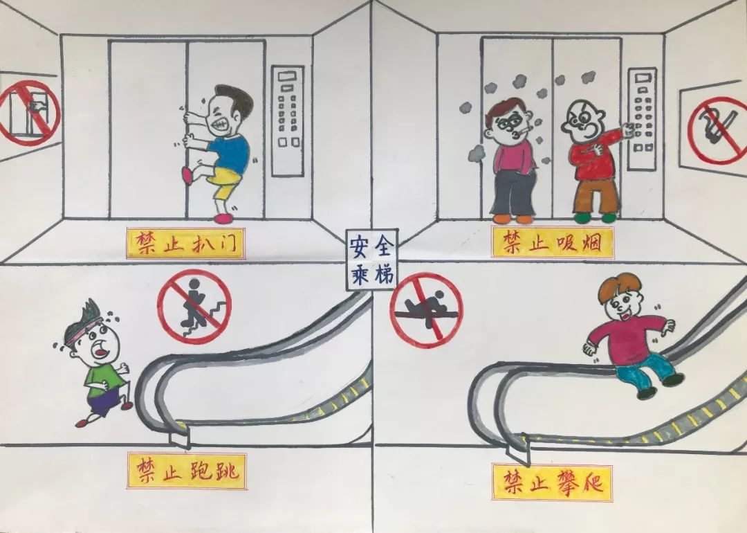文明安全乘电梯绘画图片