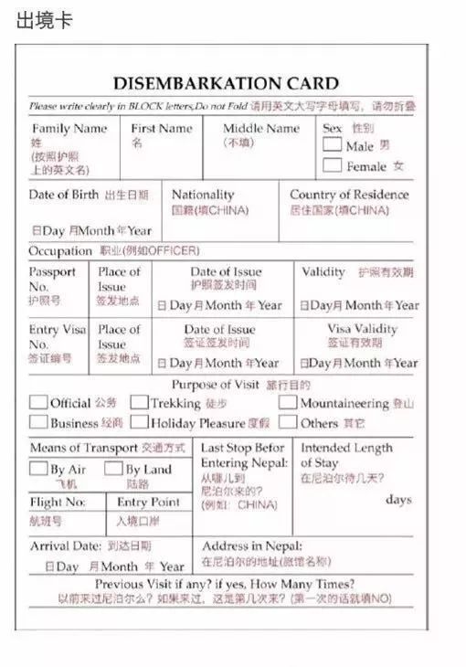 加纳入境卡填写样本图片