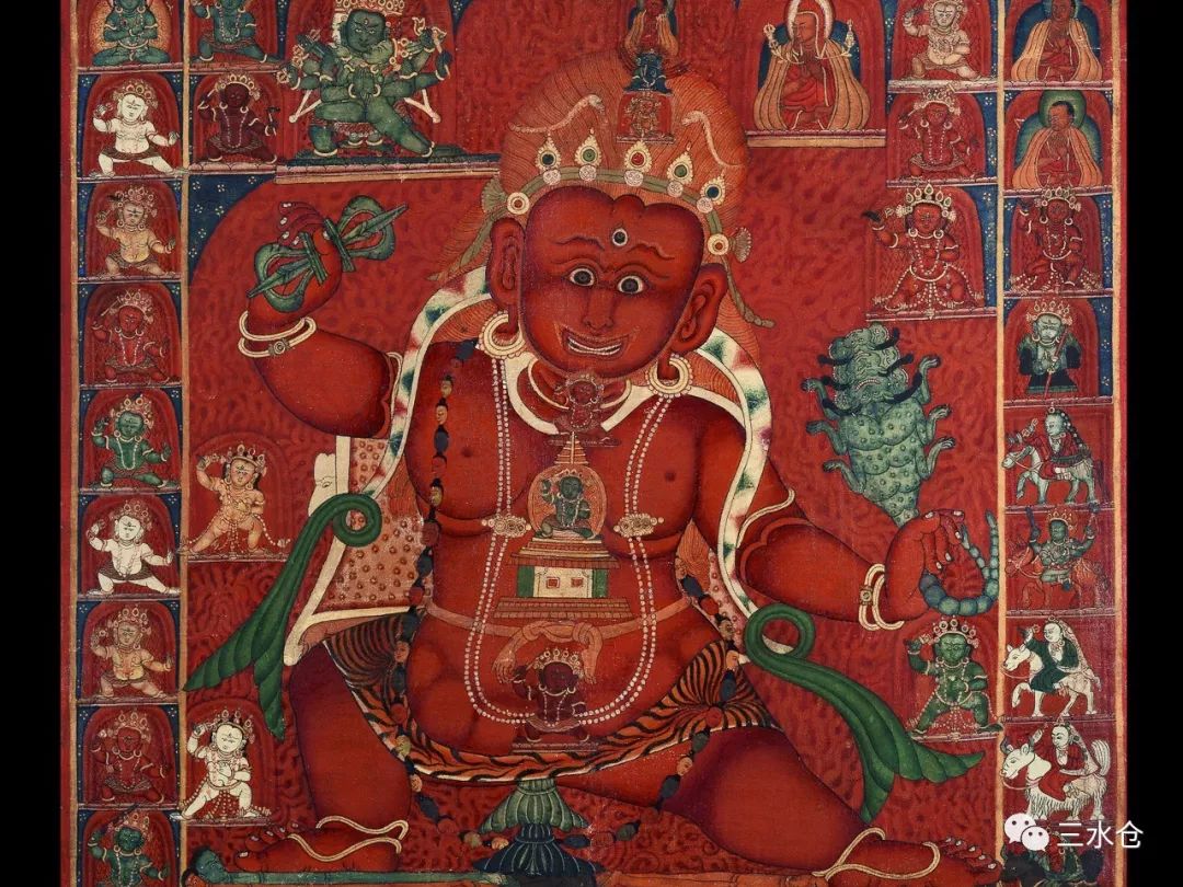 幅尼泊尔唐卡沿袭了早期唐卡的棋格式构图,主尊忿怒莲师居于画面中央