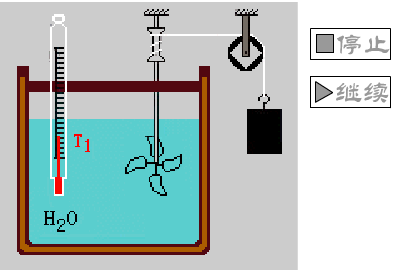 重物下落帶動輪葉旋轉,通過攪拌對絕熱容器內的液體做功,使液體升溫
