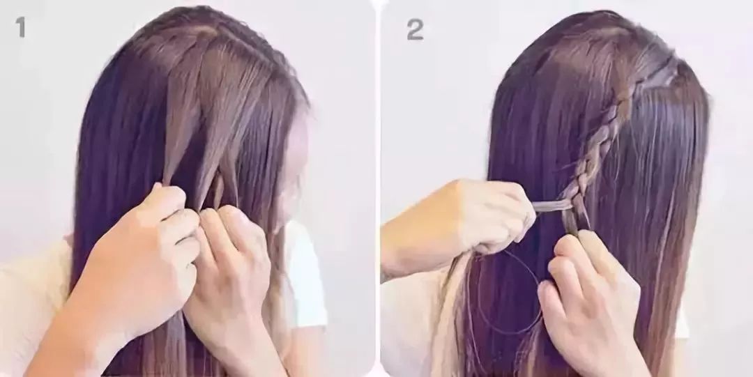 先将将头发梳理好,从头顶取一束头发并将头发分成四份,从头顶开始往下