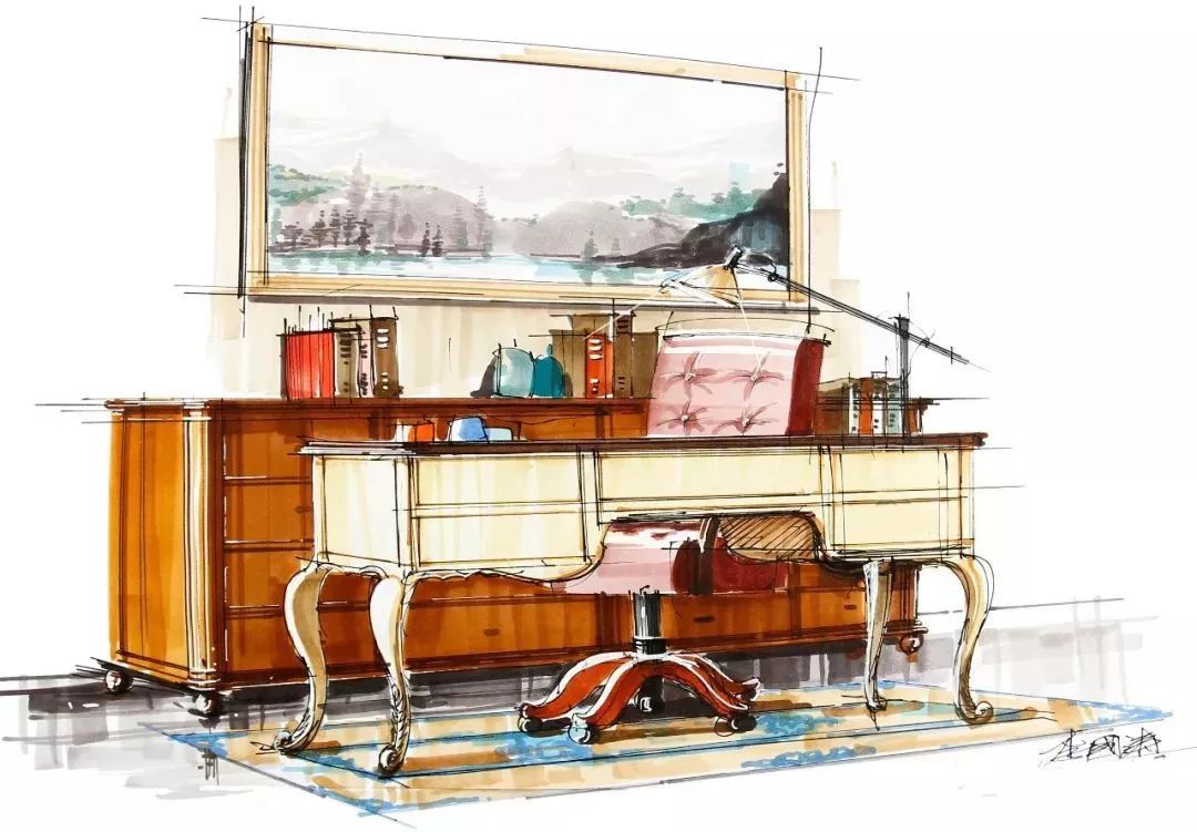 中式家具马克笔手绘图图片