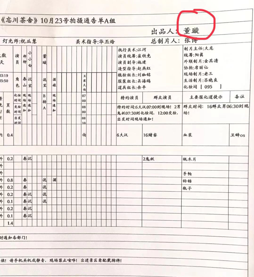 《忘川茶舍》剧组通告单流出  董璇被曝首任出品人