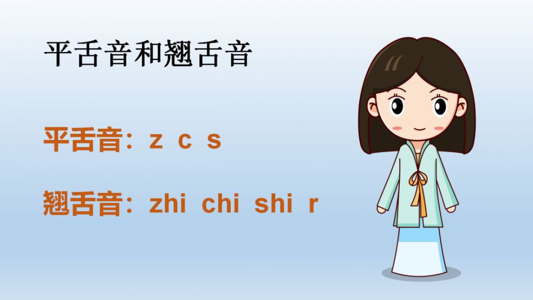 翘舌音: zh ch sh r (读的时候舌头前部上举抵住上颚,舌头全是翘起来