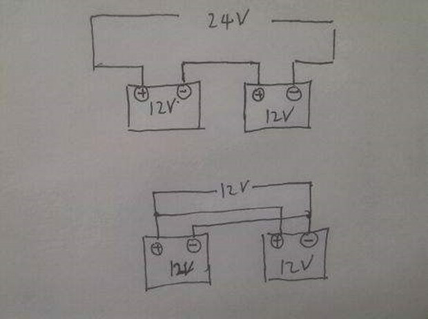 两个12v电瓶串联成24v后,还能接12v马达吗?