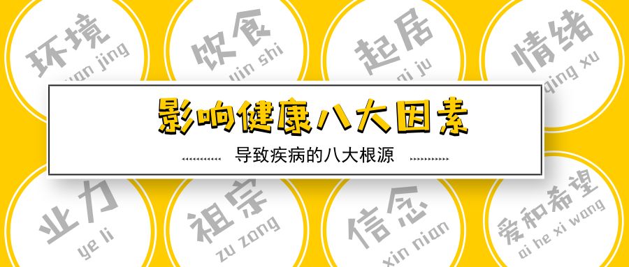 影響健康有八大因素,分別是環境,飲食,起居,情緒,潛意識,祖宗,信念,愛